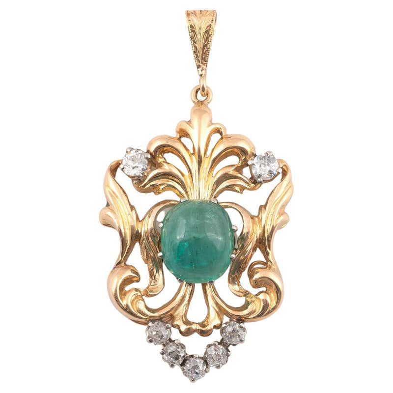 Art Nouveau Gold Emerald and Diamond Pendant