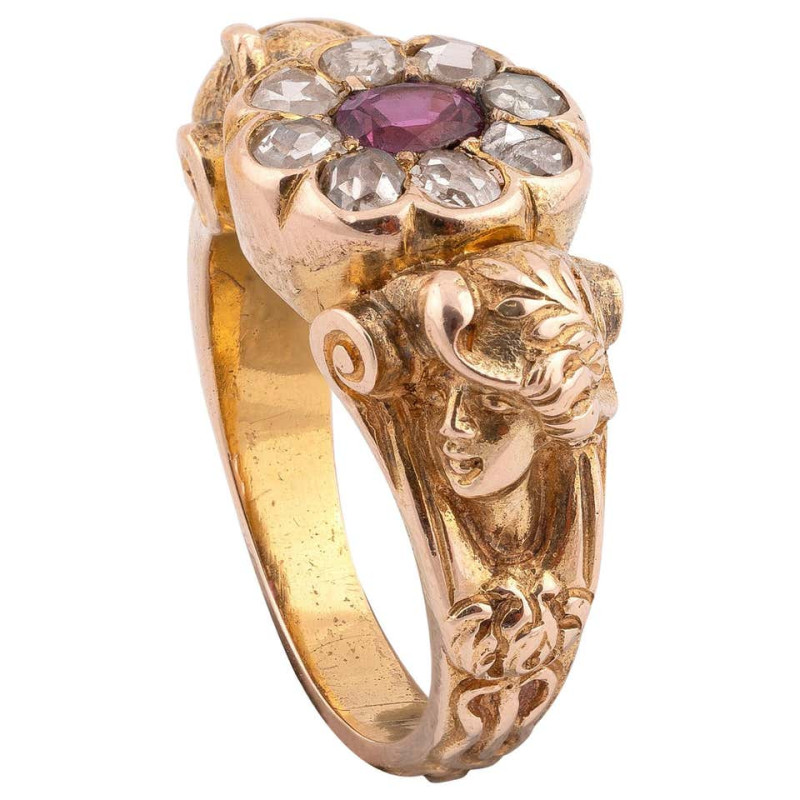 Art Nouveau Ruby and Diamond Cluster Ring, circa 1920