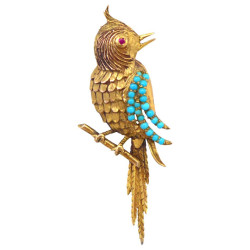 14 Karat Yellow Gold Brush Turquoise and Ruby Titmouse Brooch
