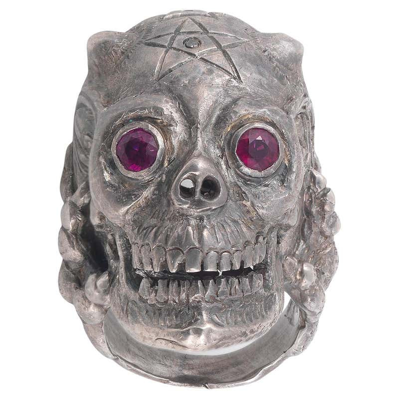 Silver and Garnet Eyes Devil Skull Ring