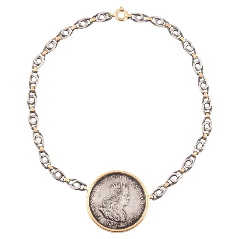 18kt Yellow Gold Silver And Large Silver Coin Necklace