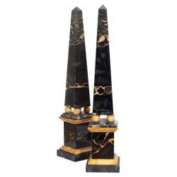 20th Century Pair Of Black Marble And Giallo di Siena Marble Obelisk Garniture