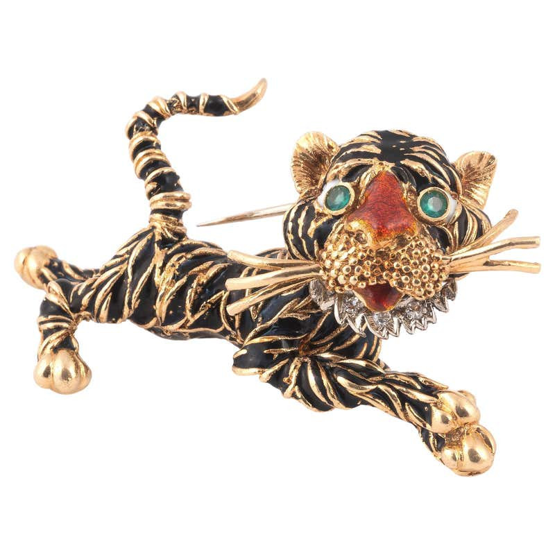 Emerald Diamond And Enamel Tiger Brooch Frascarolo