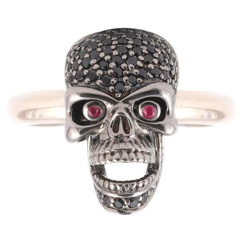 18ct White Gold Pave Set Black Diamond Skull With Ruby Eyes Ring
