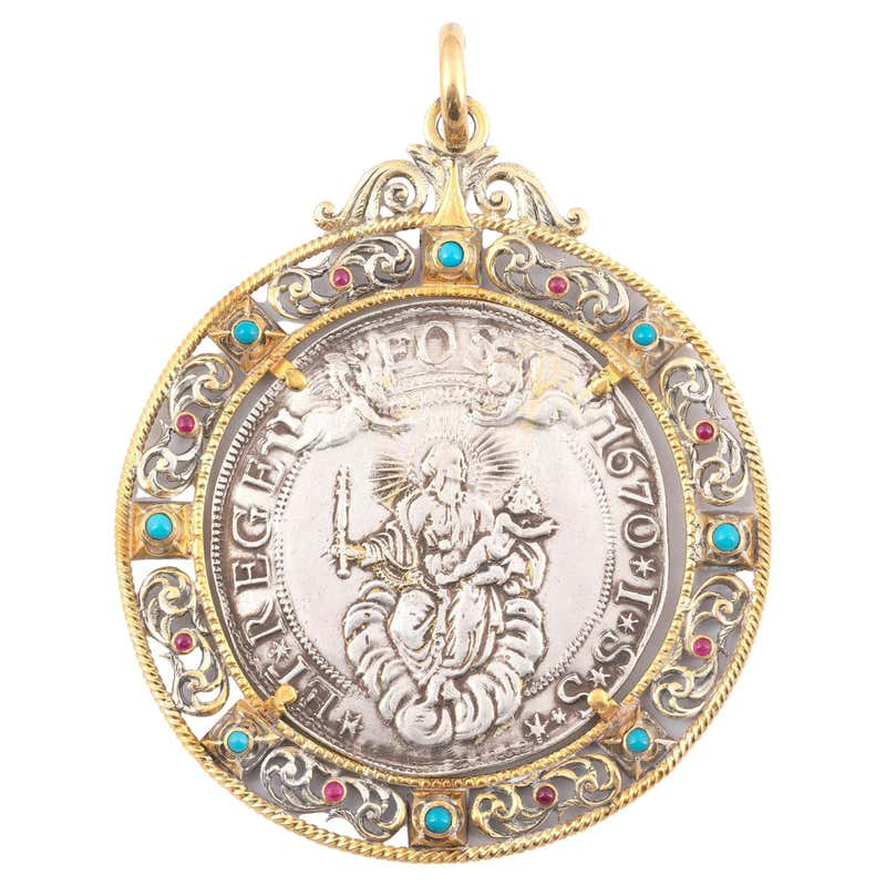 Antique 1670 Genoa Silver Coin Pendant Necklace with Gold and Gems