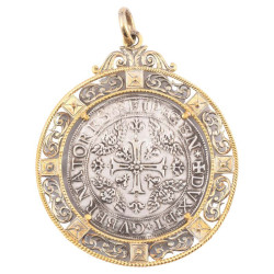Antique 1670 Genoa Silver Coin Pendant Necklace with Gold and Gems