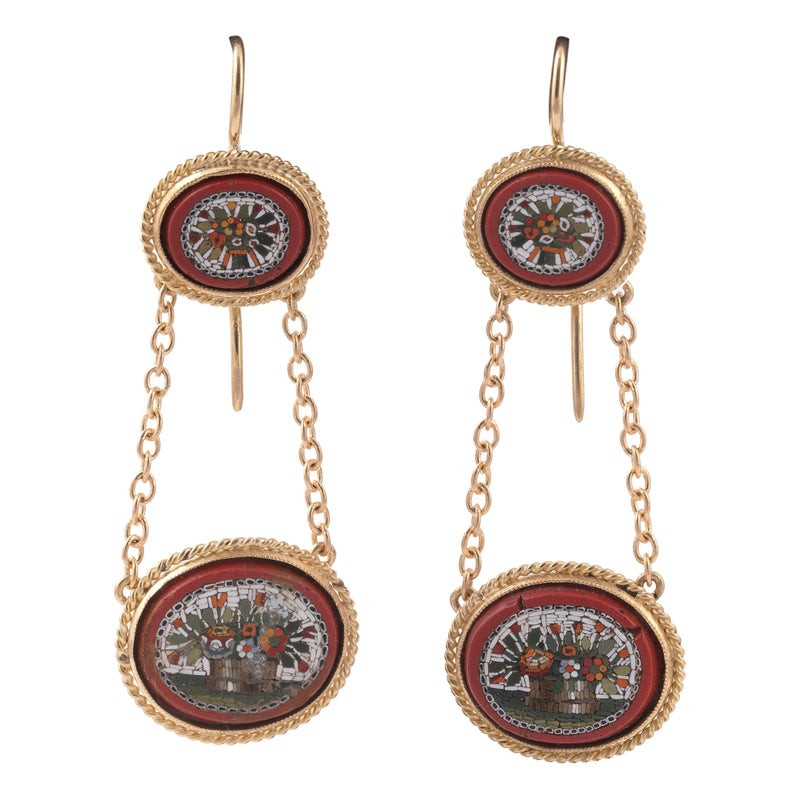 Pair of 19th Century Floral Micromosaic Pendant Earrings, Italian, 1860s