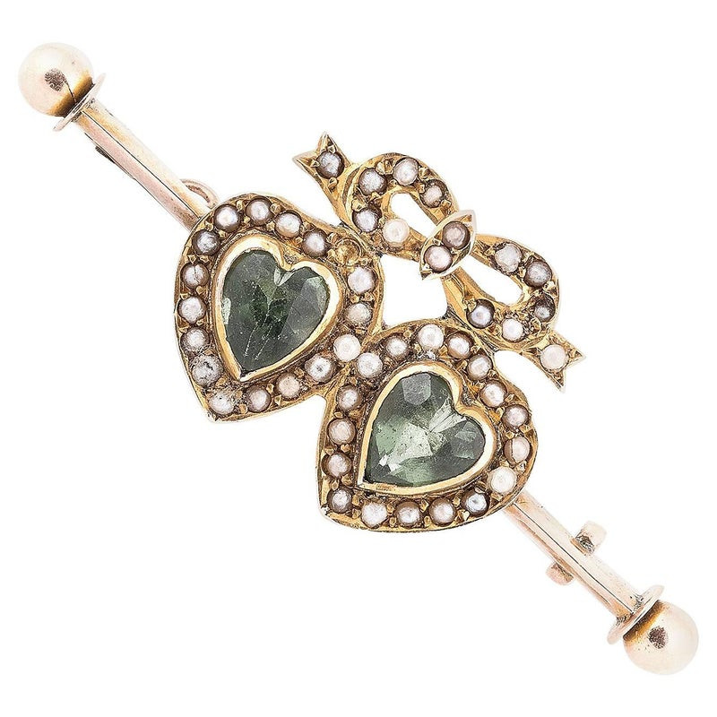 Late Victorian Gold Dress Pin with Two Heart Peridot Stones
