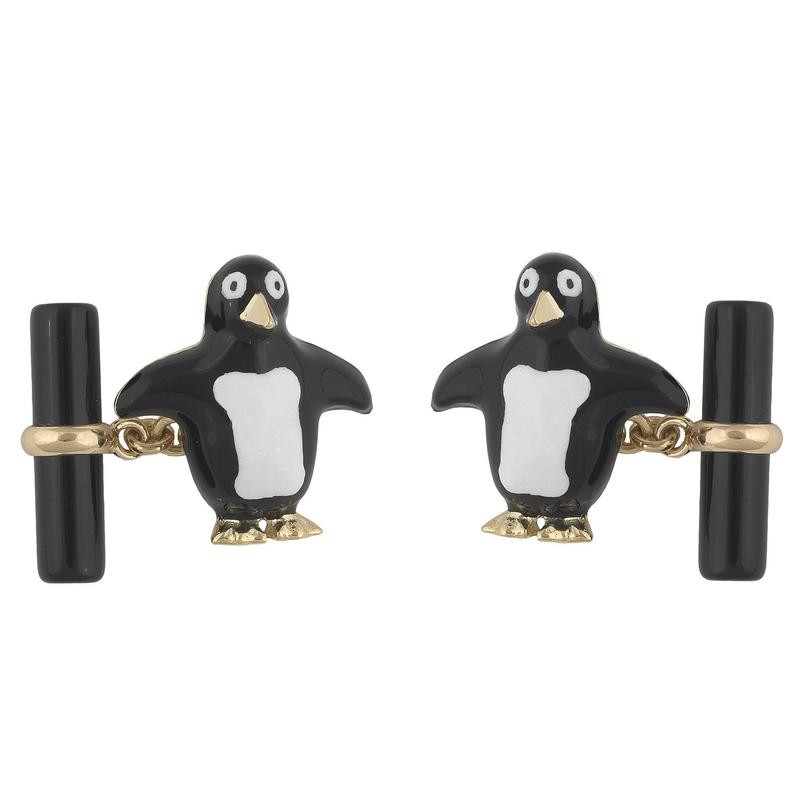 Gold Onyx Enamel Penguin Cufflinks