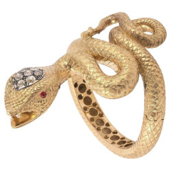 18kt Gold And Old Cut Diamond Large Snake Attr. E. Serafini Bangle Bracelet