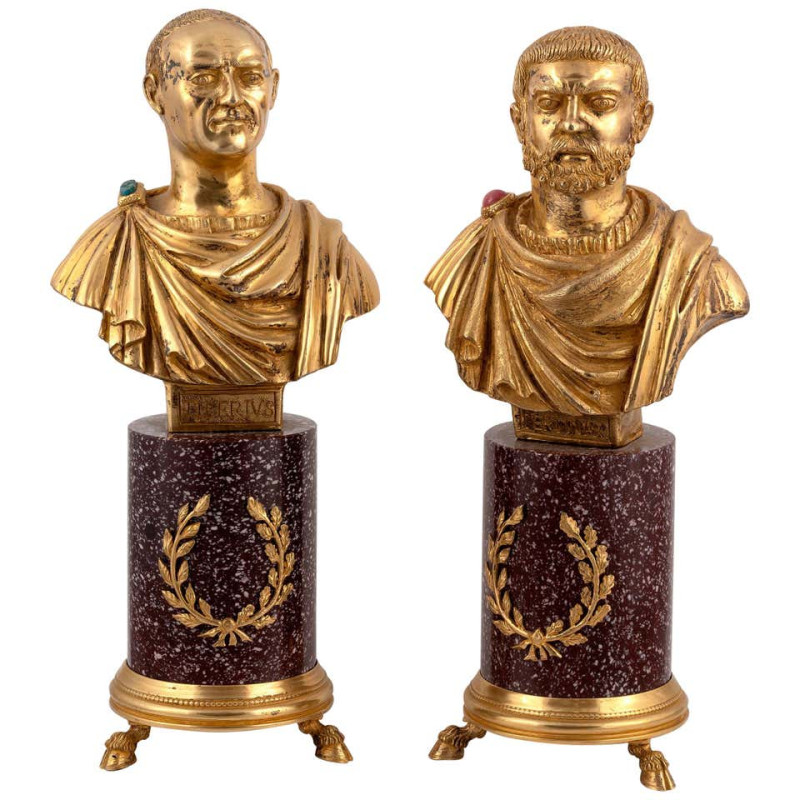 Codognato Large Pair Italian Silver-Gilt and Hardstone Busts of Roman Emperors