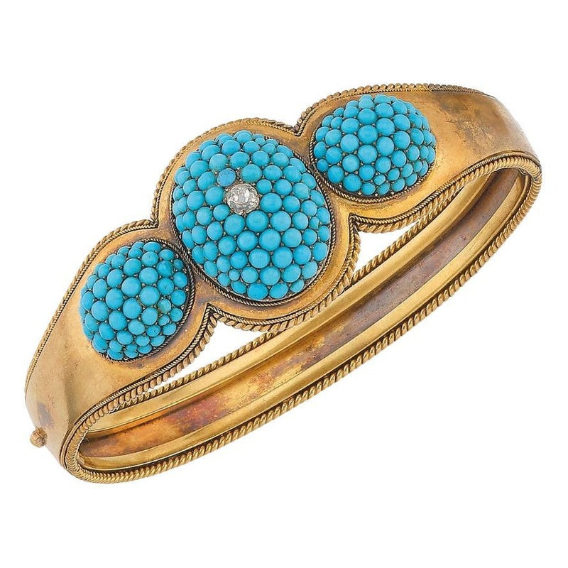 Antique English Gold Turquoise and Diamond Bangle Bracelet, 1870's