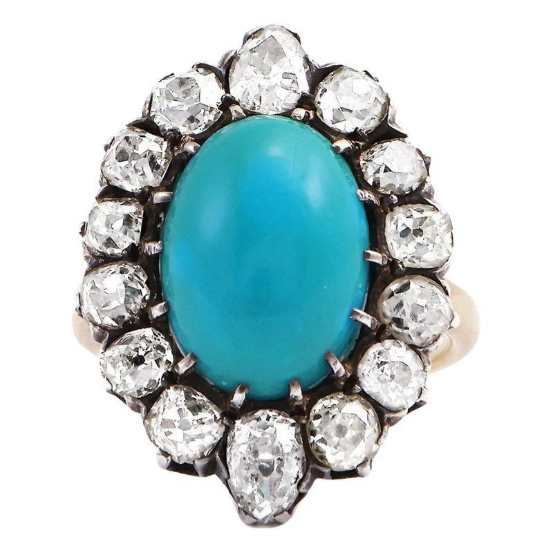 A Victorian Turquoise And Diamond Cluster Ring