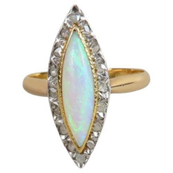Antique 18kt Rose Gold Rose Diamond And Marquise Opal Ring