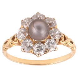 A Grey Natural Pearl and Diamond Cluster Ring