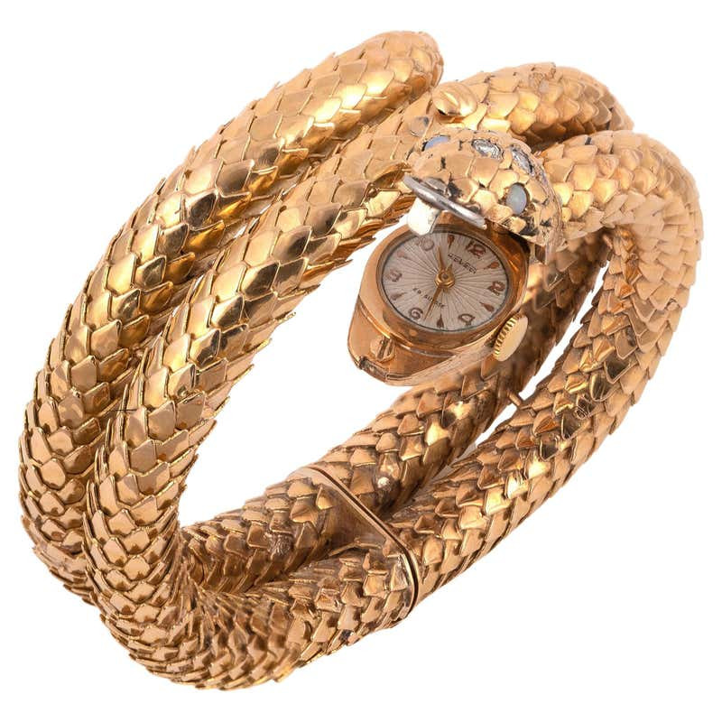 18 Karat Yellow Gold Snake Bracelet Covered Dial Watch display picture 3