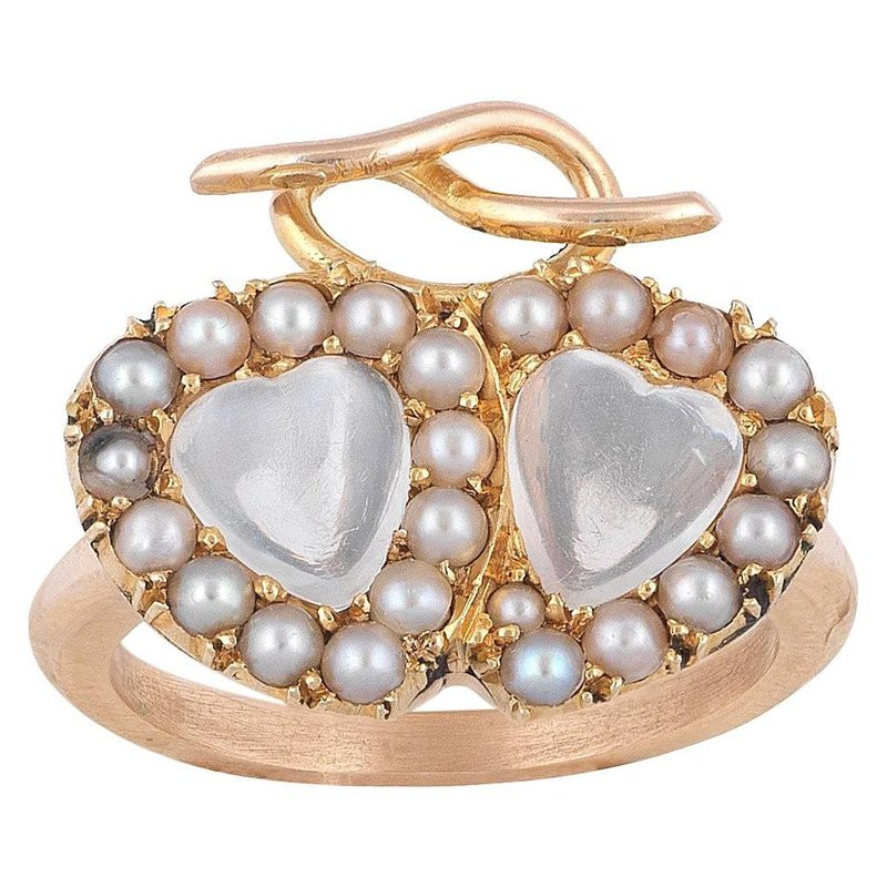 Late Victorian Moonstone Pearl Gold Twin Heart Cluster Ring