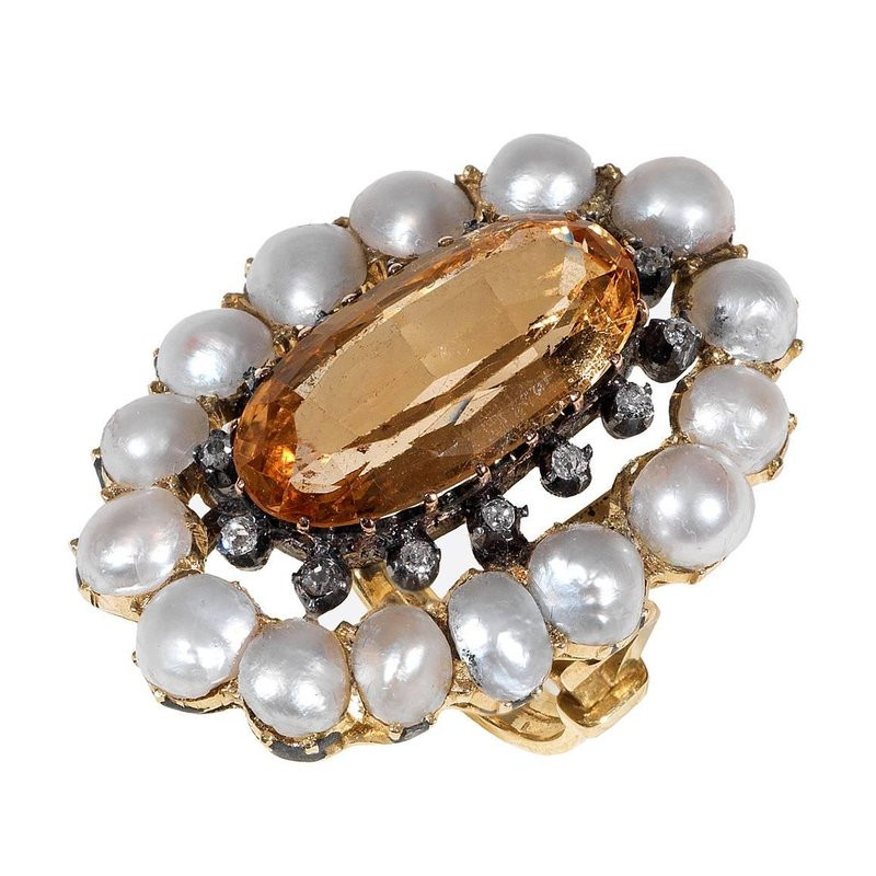 Antique Pearl Topaz Oval Faceted Diamond Gold Cluster Ring