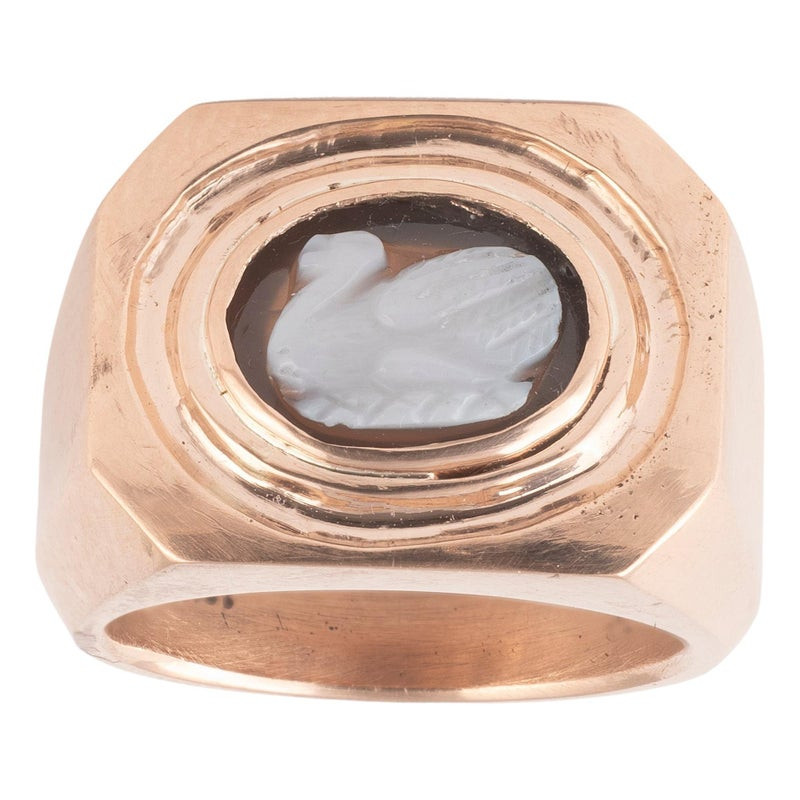 Gold Ring with Swan Agate Roman Cameo 2nd-3rd Century AD