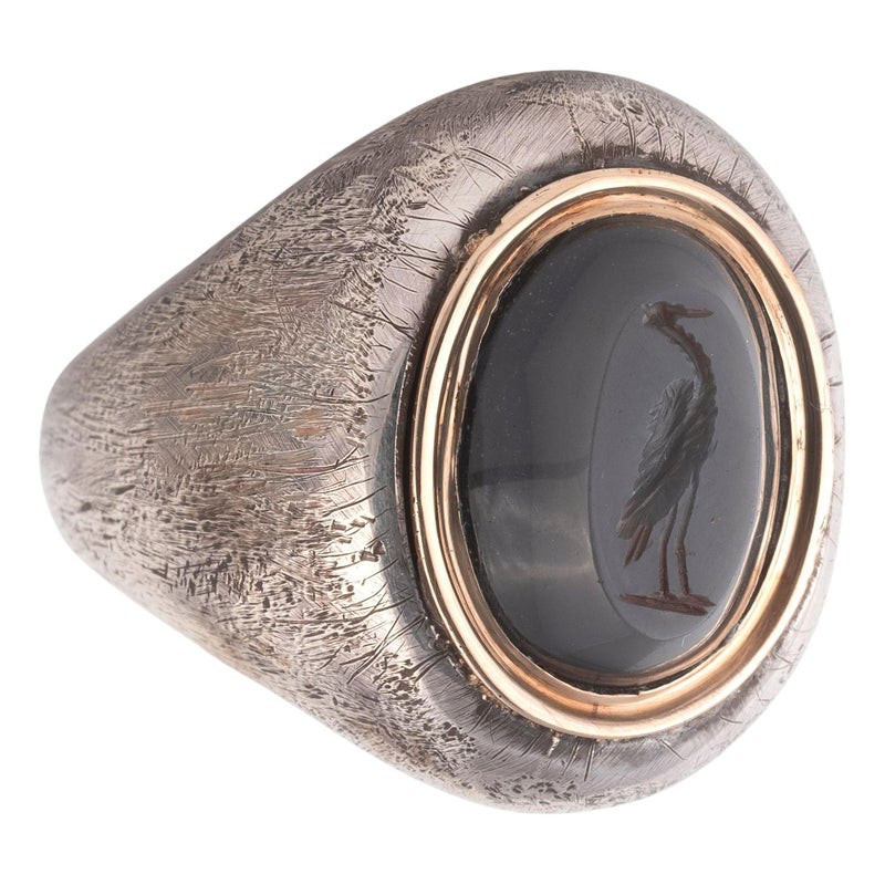 Neoclassical Blackened Silver Gold & Grey Agate Intaglio Of Heron Men's Ring