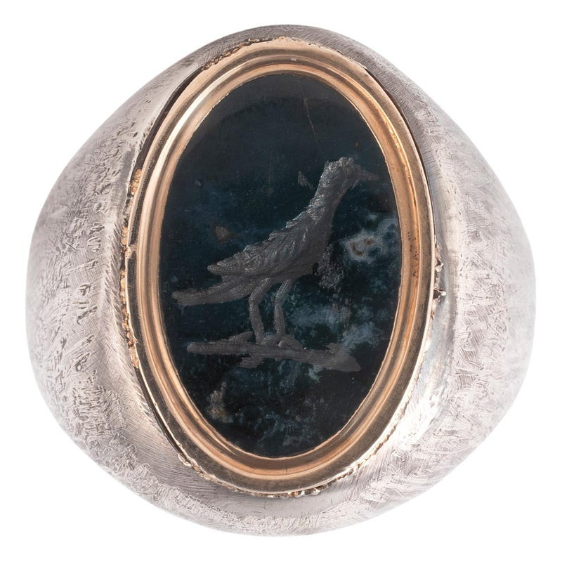 Victorian Gold & Blackened Silver Ring with Green Jasper Bird Intaglio