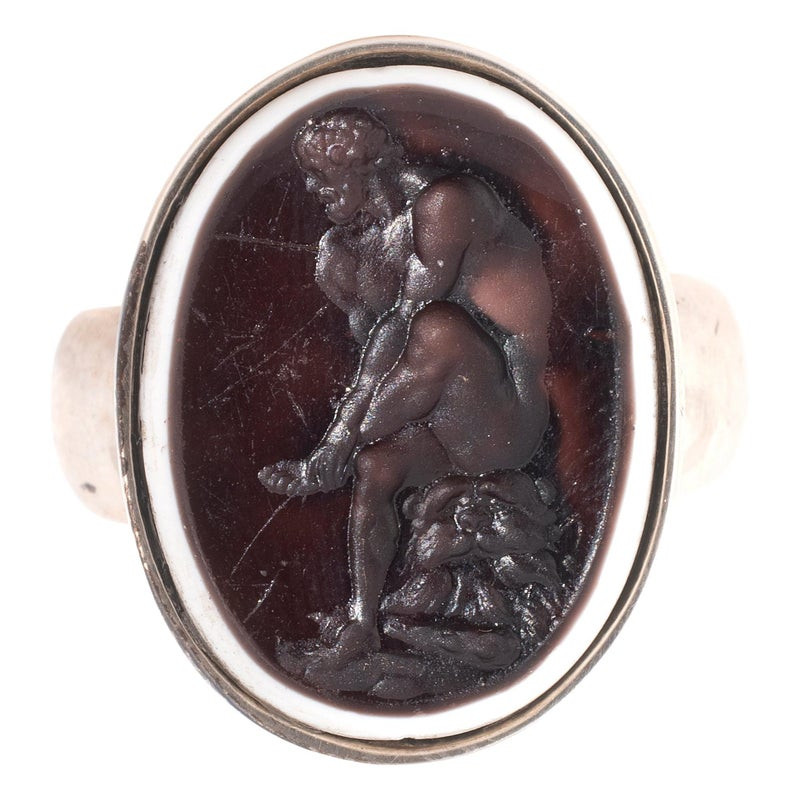 Late 19th Century Silver and Two Colour Vitreous Hercules Intaglio Ring