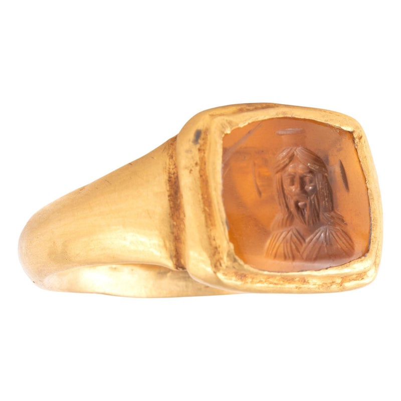 Byzantine Gold Ring with Topaz Intaglio depicting the Bust of Christ 7th Century