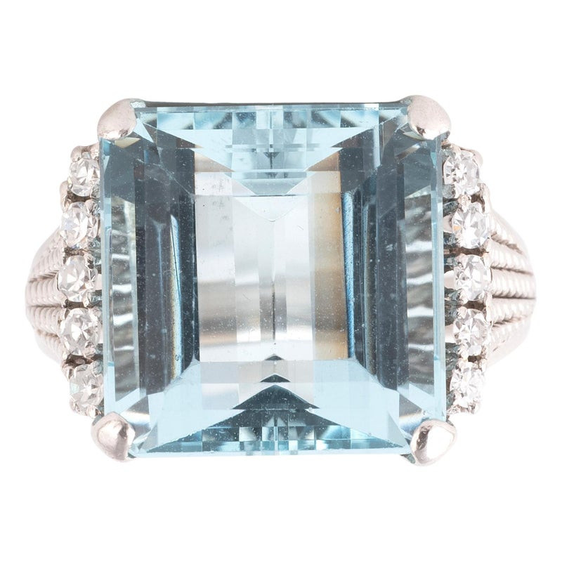 Art Deco' Platinum 8ct Aquamarine And Diamond Cocktail Ring