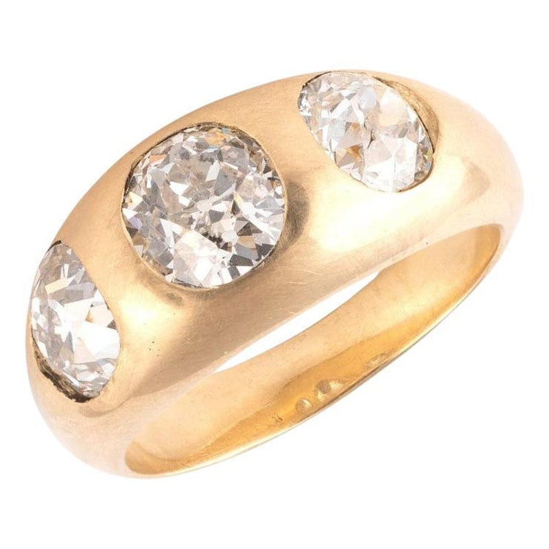 Antique Old Cut Diamond Three Stone Gold Ring Italian c.1900