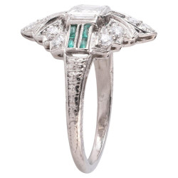 Art Deco Platinum Diamond and Emerald Ring, Circa 1920, Italy