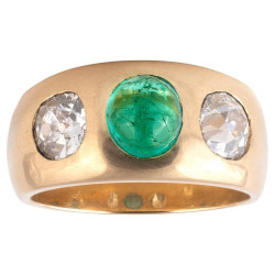 Antique Cabochon Emerald And Diamond Three Stone Gold Ring c.1900