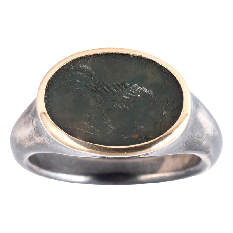 Blackened Silver & Gold ring with Roman Green Jasper Rooster Intaglio circa 2nd century A.D.