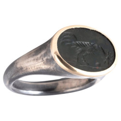 Roman Green Jasper Rooster Intaglio Set Silver & Gold Ring circa 2nd Century A.D
