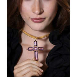 Late 19th Century Large Amethyst Cross Pendant With Gold Necklace