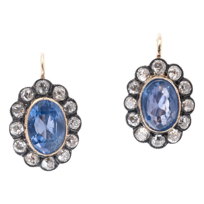 Italian Late 19th Century 7.4ct Ceylon Sapphire And Diamonds Earrings