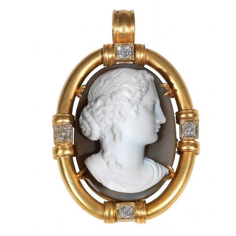 1830’s Hardstone Cameo Diamond Gold Pendant