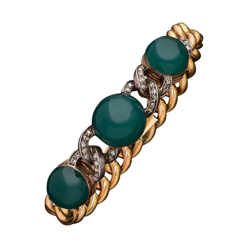 Antique Gold Diamond and Green Agate Bracelet