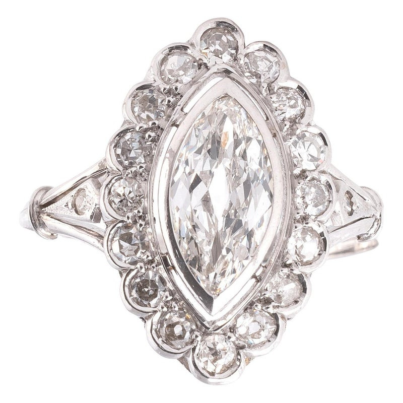 Art Deco Platinum Marquise Cut Diamond Ring, 1.5ct, Italy 1920