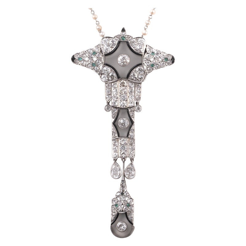 Art Déco Frosted Rock Crystal Diamond and Emerald Brooch-Pendant by Garrard & Co 1925's