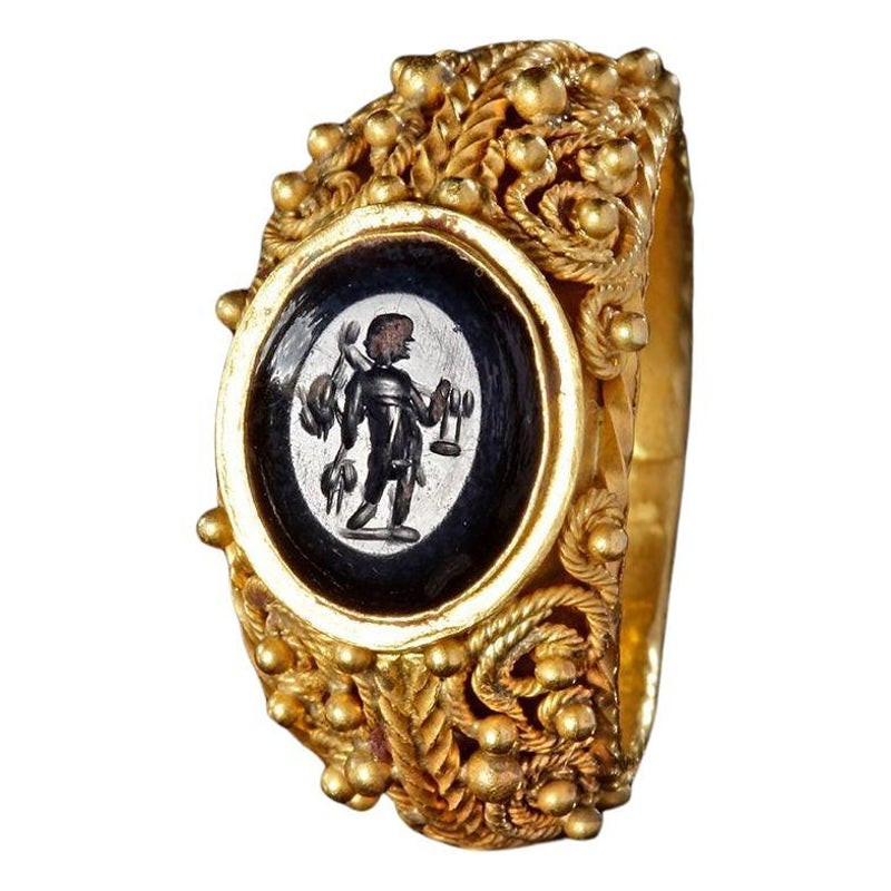 Ancient Roman Black Agate Intaglio Cocidius Mounted In Gold Ring 3ND Century AD