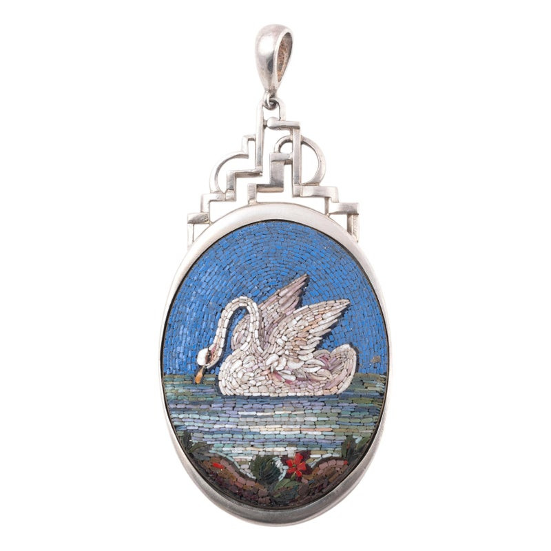 Antique Circa 1870 Sterling Silver Micro-Mosaic Swan Pendant, 7.2cm