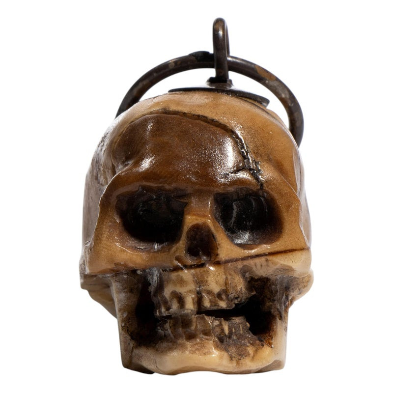 Victorian Silver and Agate Skull Pendant Necklace, Italy Circa 1850s