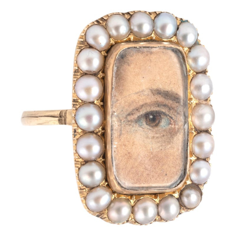 Antique Late 18th CenturyAntique Late 18th Century Gold Lover's Eye Ring with Natural Pearls