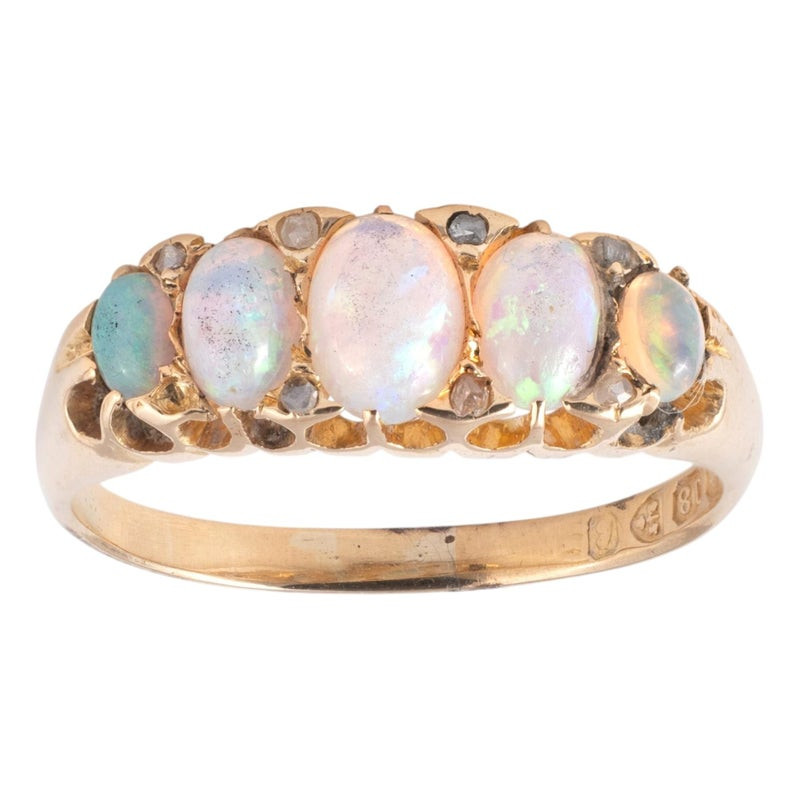 Victorian 18ct Yellow Gold Five Stone Opal Ring, Late 19th Century
