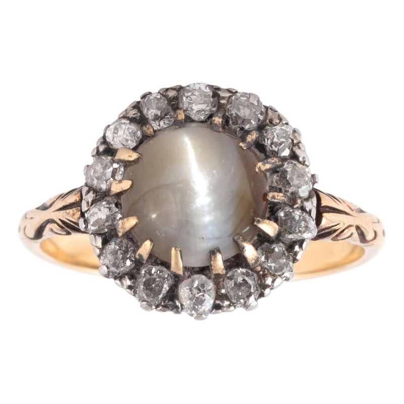 Victorian 18k Yellow Gold Cat's Eye Chrysoberyl Diamond Ring, 1890s