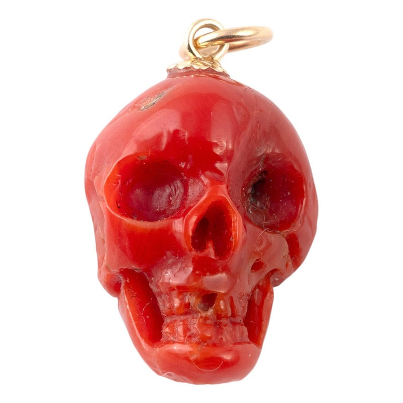 Antique 1970s Yellow Gold Red Coral Skull Pendant Necklace, 2.5cm