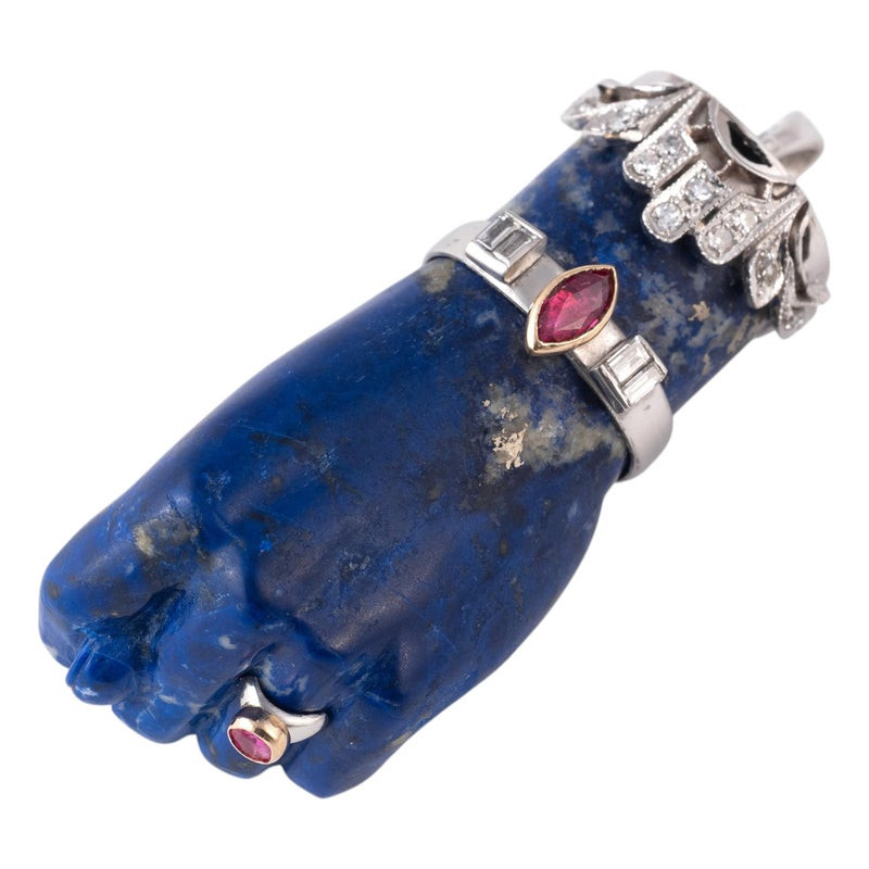 Large Antique Lapis Lazuli Diamond Figa Hand Charm Pendant, 1970s