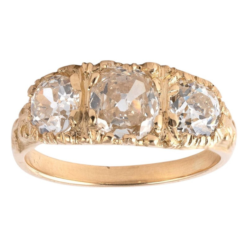 Antique 2.5ct Old Cushion Cut Diamond Three Stone Ring, 1890s Gold