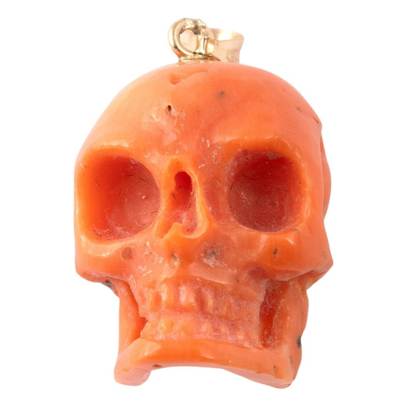 Antique 1970s Yellow Gold Coral Skull Pendant Necklace, 2.4cm Height