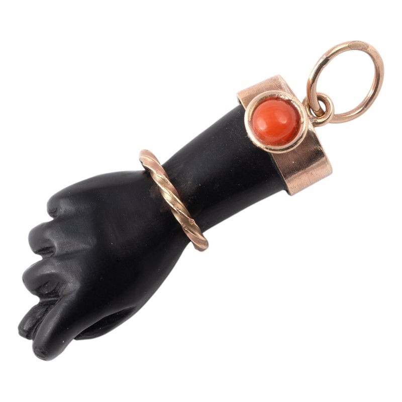 Vintage 14k Gold Coral and Black Lava Figa Pendant, Italy, 1970s